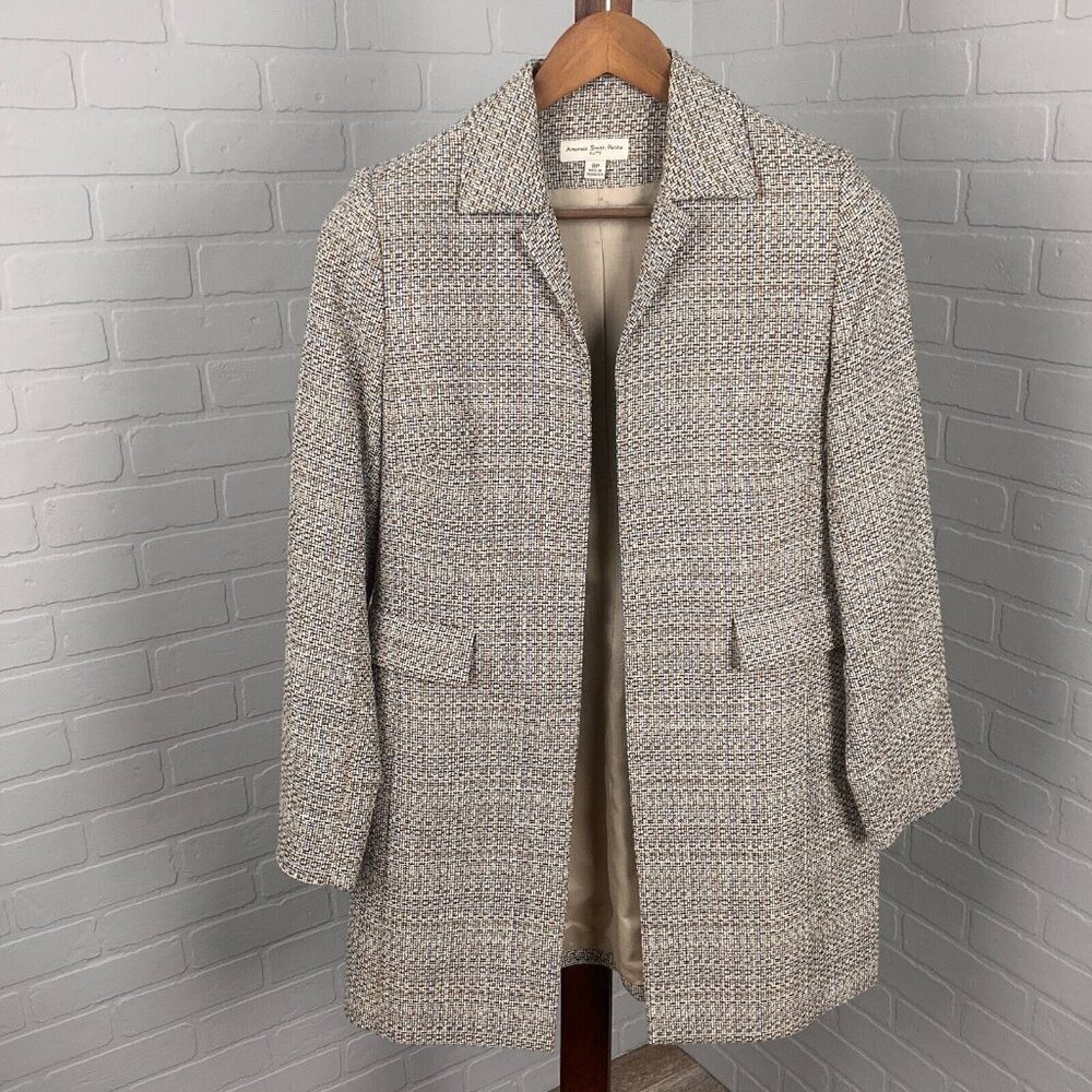 Amanda Smith Coat Women 8Petite Tan Blue Green Woven Tweed‎ Open Classic Career